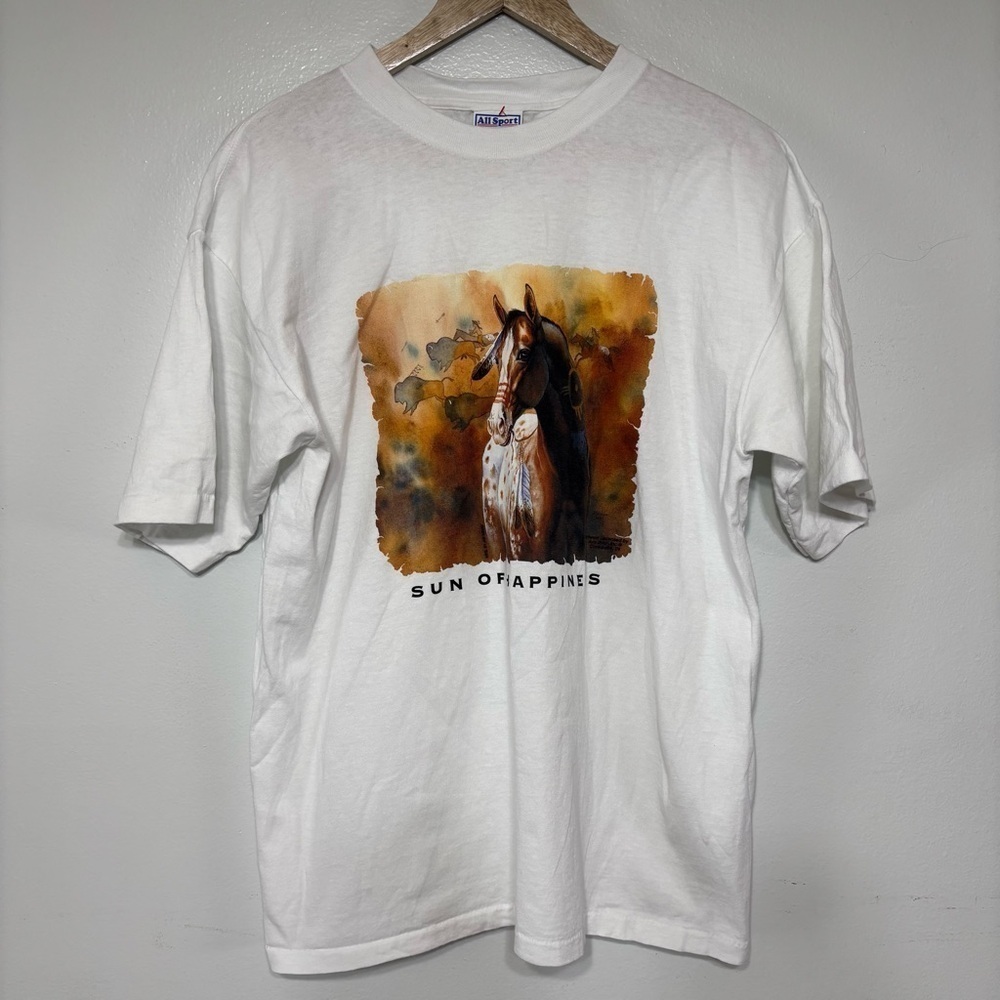 Vintage 90s Single Stitch “Sun of Happiness” Horse Nature Print T-Shirt Size L